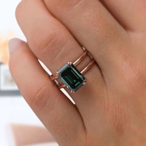 Rose Gold Emerald Cut Sona Simulated Diamond Engagement Ring-Black Diamonds New York