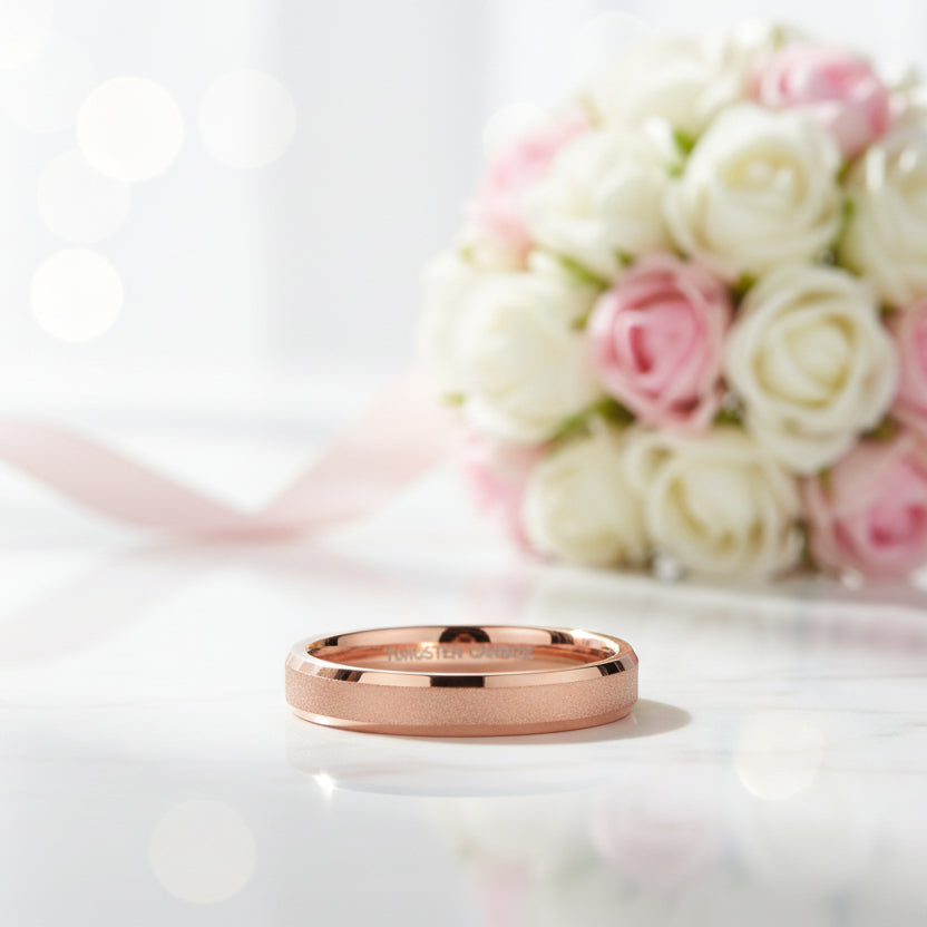 Rose Gold Frosted Men's Tungsten Carbide Wedding Band-Black Diamonds New York