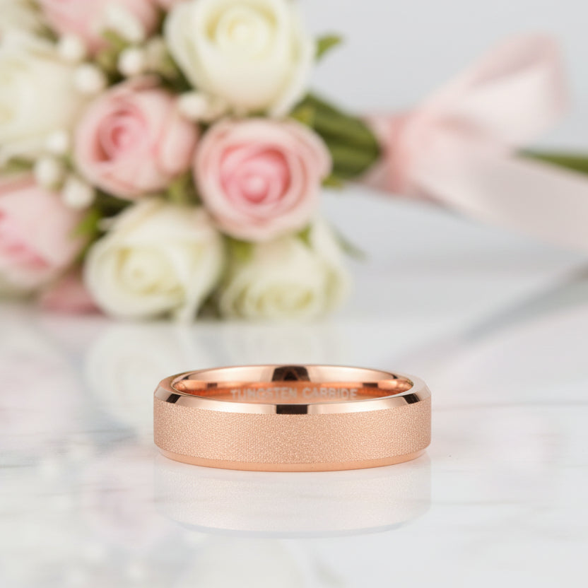 Rose Gold Frosted Men's Tungsten Carbide Wedding Band-Black Diamonds New York
