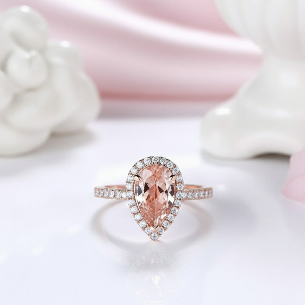 Rose Gold Halo 3.0ct Pear Cut Peachy Pink Stone Wedding Set-Black Diamonds New York
