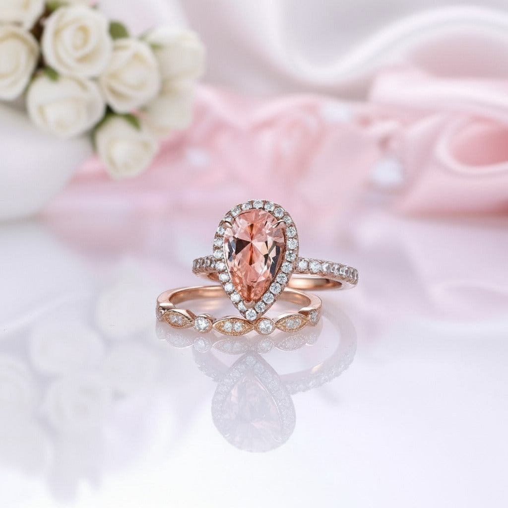 Rose Gold Halo 3.0ct Pear Cut Peachy Pink Stone Wedding Set-Black Diamonds New York