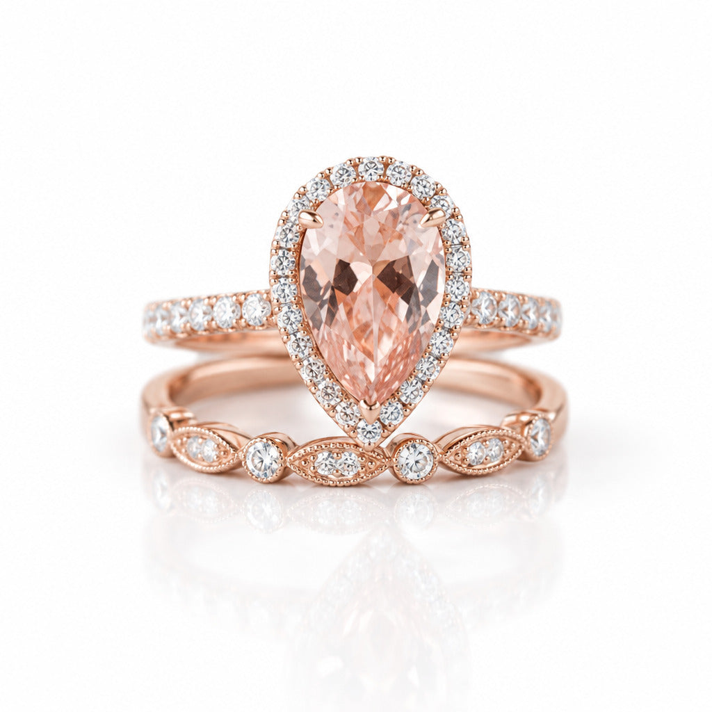 Rose Gold Halo 3.0ct Pear Cut Peachy Pink Stone Wedding Set-Black Diamonds New York