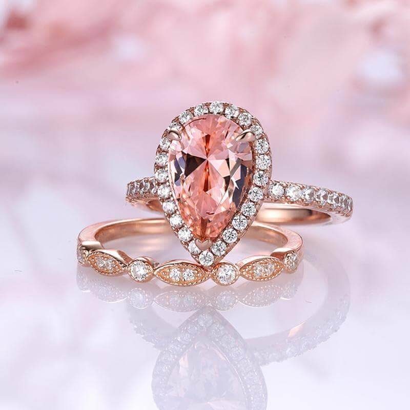 Rose Gold Halo 3.0ct Pear Cut Peachy Pink Stone Wedding Set-Black Diamonds New York