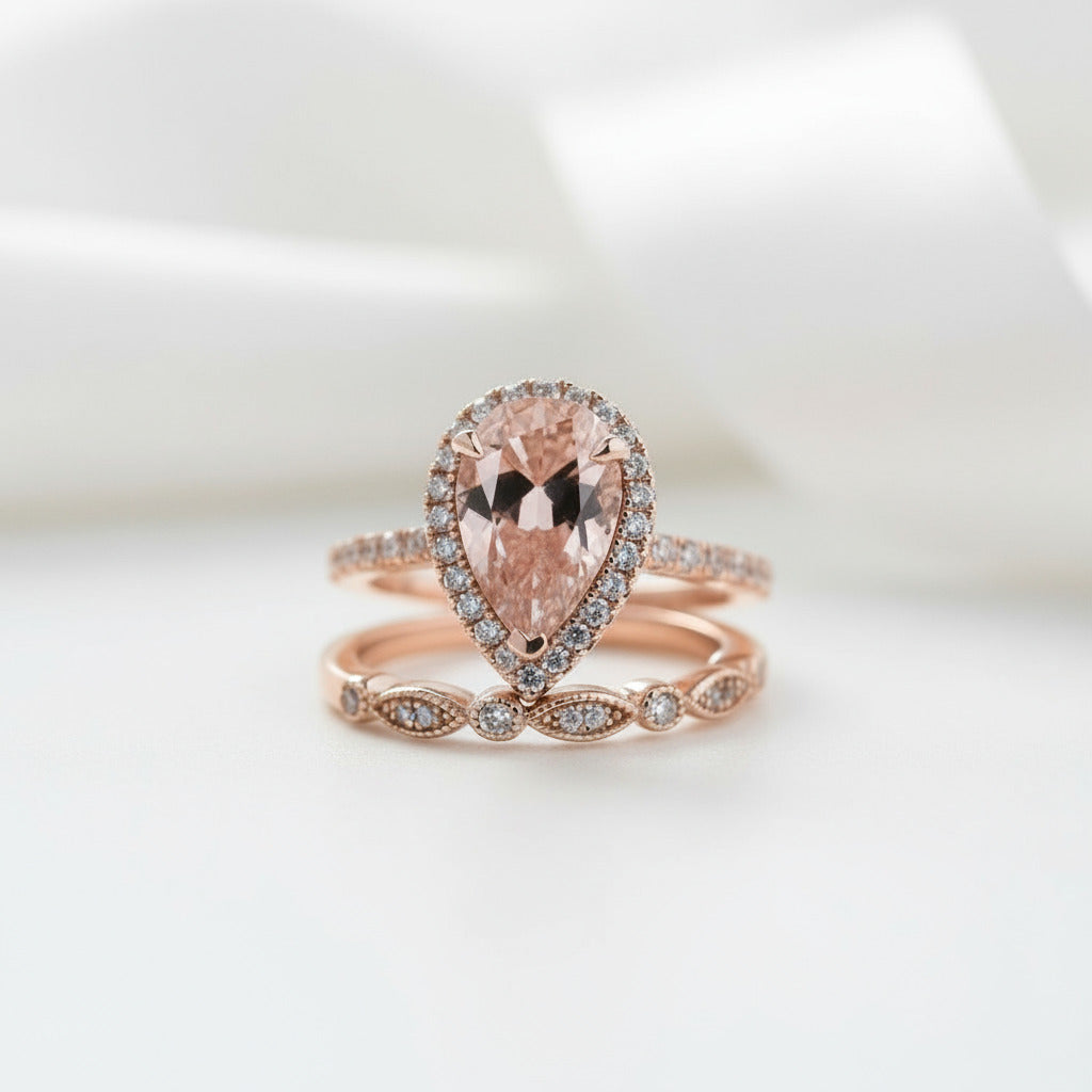 Rose Gold Halo 3.0ct Pear Cut Peachy Pink Stone Wedding Set-Black Diamonds New York