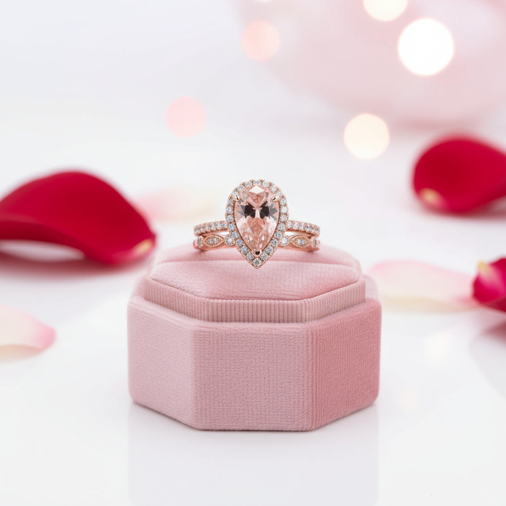 Rose Gold Halo 3.0ct Pear Cut Peachy Pink Stone Wedding Set-Black Diamonds New York
