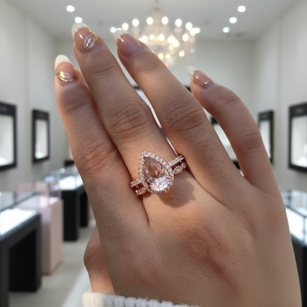 Rose Gold Halo 3.0ct Pear Cut Peachy Pink Stone Wedding Set-Black Diamonds New York
