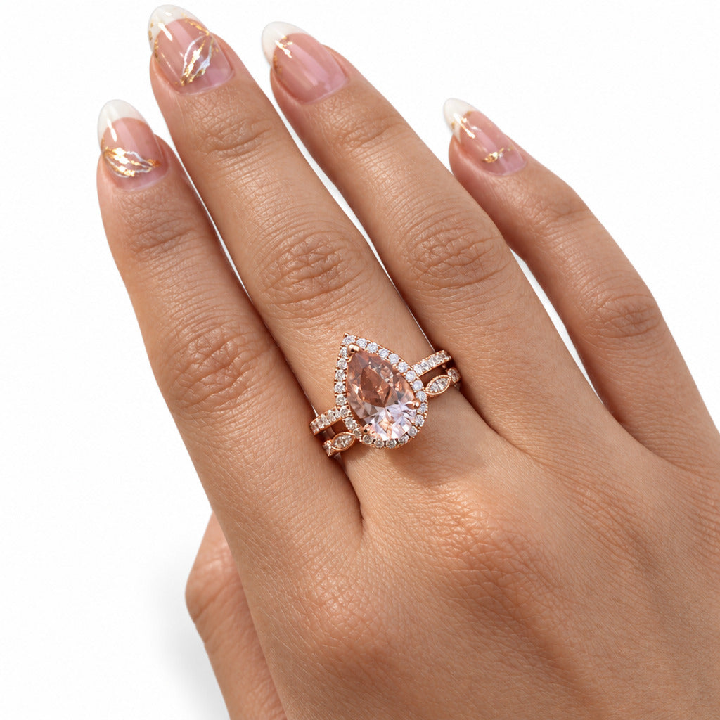 Rose Gold Halo 3.0ct Pear Cut Peachy Pink Stone Wedding Set-Black Diamonds New York
