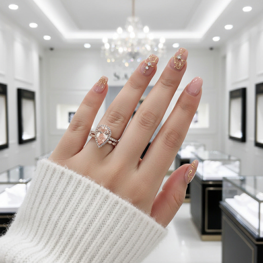 Rose Gold Halo 3.0ct Pear Cut Peachy Pink Stone Wedding Set-Black Diamonds New York