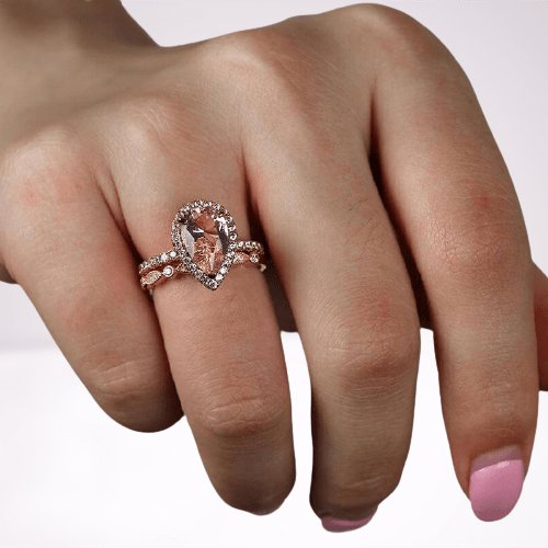 Rose Gold Halo 3.0ct Pear Cut Peachy Pink Stone Wedding Set-Black Diamonds New York