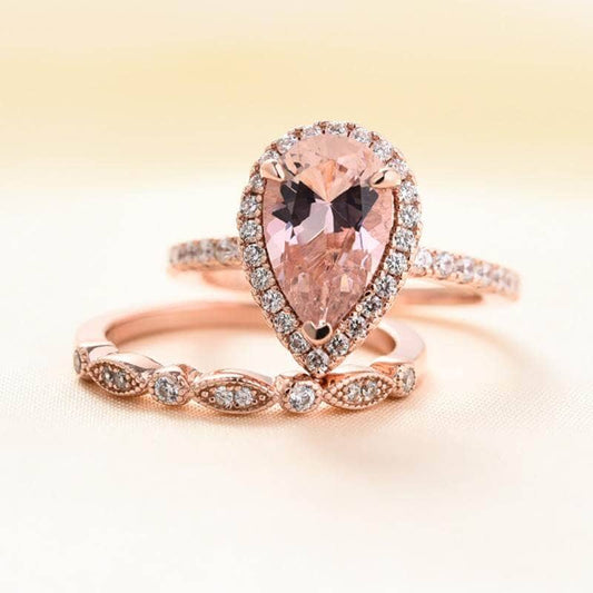 Rose Gold Halo 3.0ct Pear Cut Peachy Pink Stone Wedding Set - Black Diamonds New York