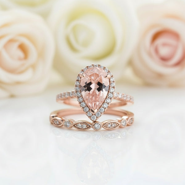 Rose Gold Halo Pear Cut Peachy Pink Stone Wedding Set