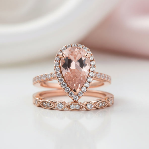 Rose Gold Halo Pear Cut Peachy Pink Stone Wedding Set