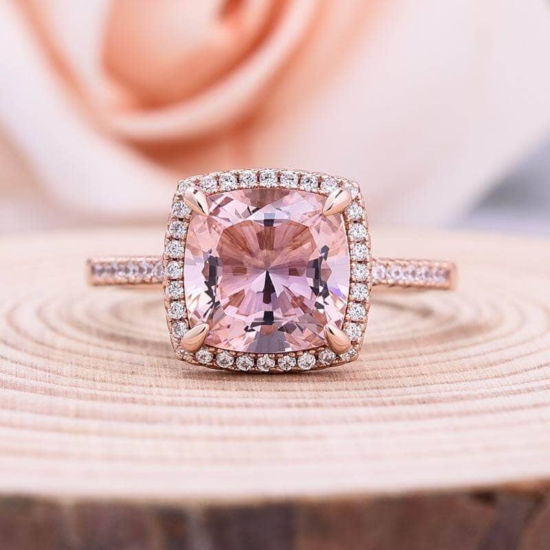 Rose Gold Halo Cushion Cut Peachy Pink Stone Wedding Ring Set-Black Diamonds New York
