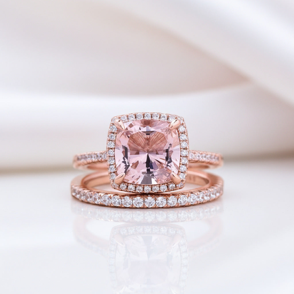 Rose Gold Halo Cushion Cut Peachy Pink Stone Wedding Ring Set-Black Diamonds New York