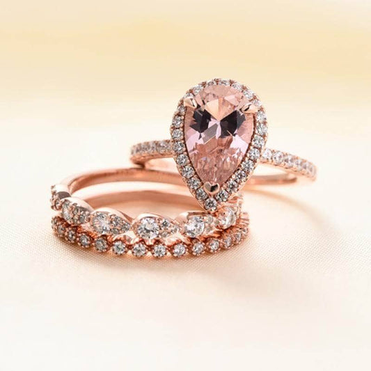 Rose Gold Halo Peachy Pink Simulated Morganite Pear Cut 3pc Ring Set - Black Diamonds New York