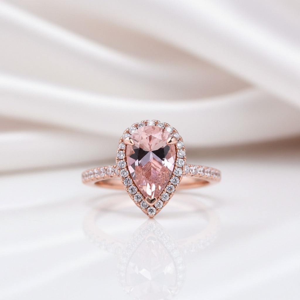 Rose Gold Halo Peachy Pink Simulated Morganite Pear Cut 3pc Ring Set-Black Diamonds New York