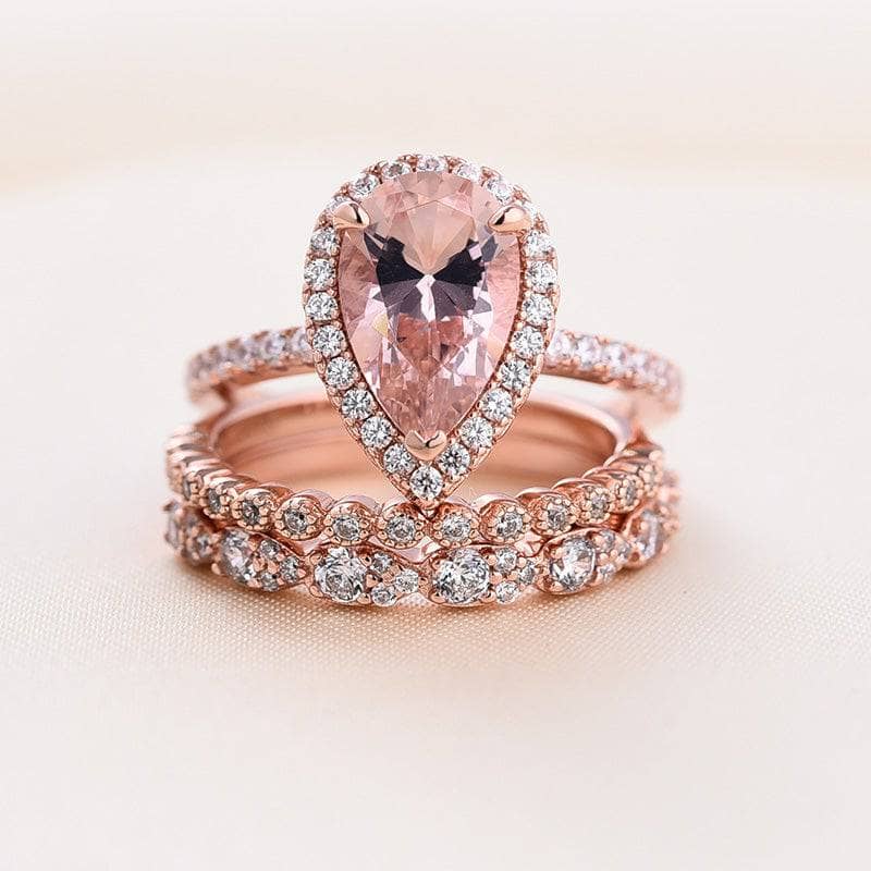 Rose Gold Halo Peachy Pink Simulated Morganite Pear Cut 3pc Ring Set-Black Diamonds New York