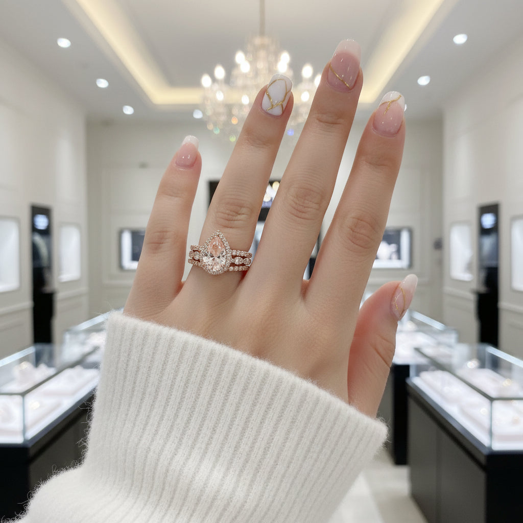 Rose Gold Halo Peachy Pink Simulated Morganite Pear Cut 3pc Ring Set-Black Diamonds New York