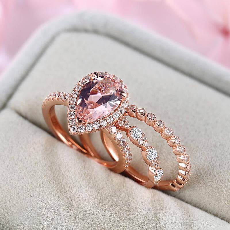 Rose Gold Halo Peachy Pink Simulated Morganite Pear Cut 3pc Ring Set-Black Diamonds New York