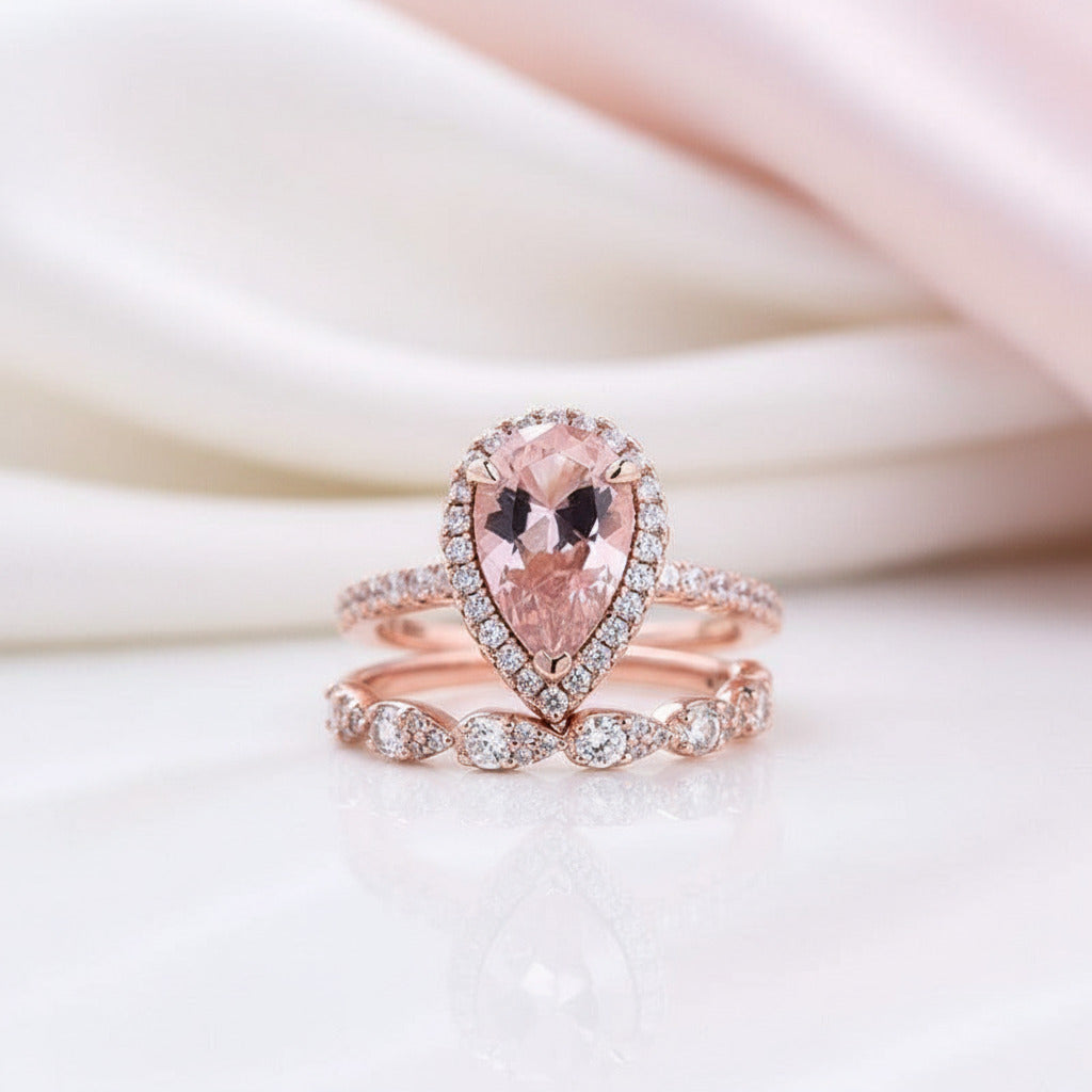 Rose Gold Halo Pear Cut Synthetic Morganite Wedding Set-Black Diamonds New York