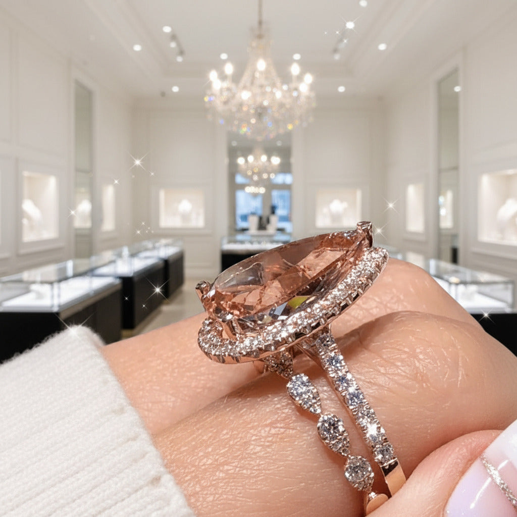 Rose Gold Halo Pear Cut Synthetic Morganite Wedding Set-Black Diamonds New York