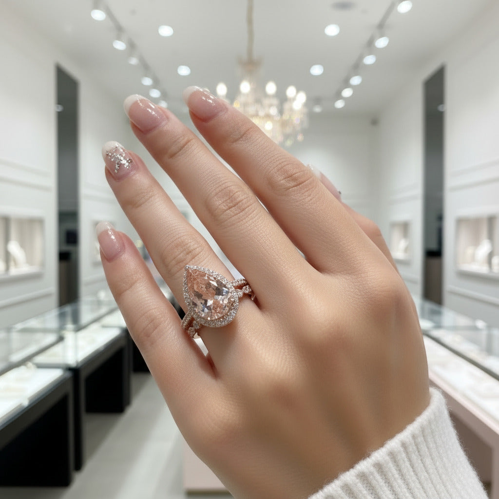 Rose Gold Halo Pear Cut Synthetic Morganite Wedding Set-Black Diamonds New York