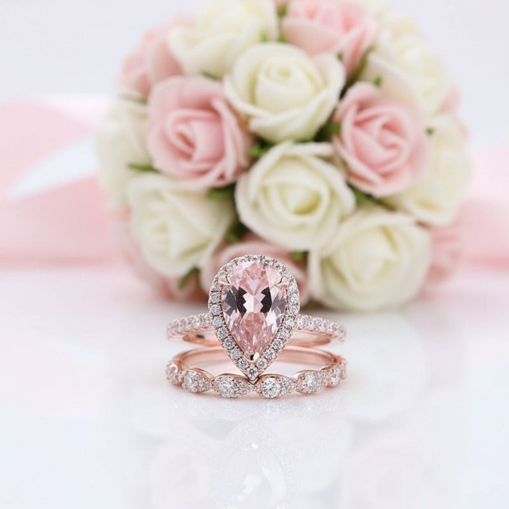Rose Gold Halo Pear Cut Synthetic Morganite Wedding Set-Black Diamonds New York