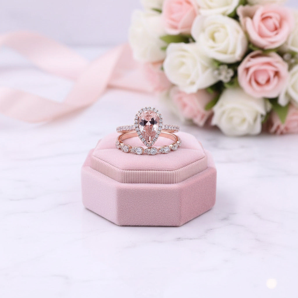 Rose Gold Halo Pear Cut Synthetic Morganite Wedding Set-Black Diamonds New York