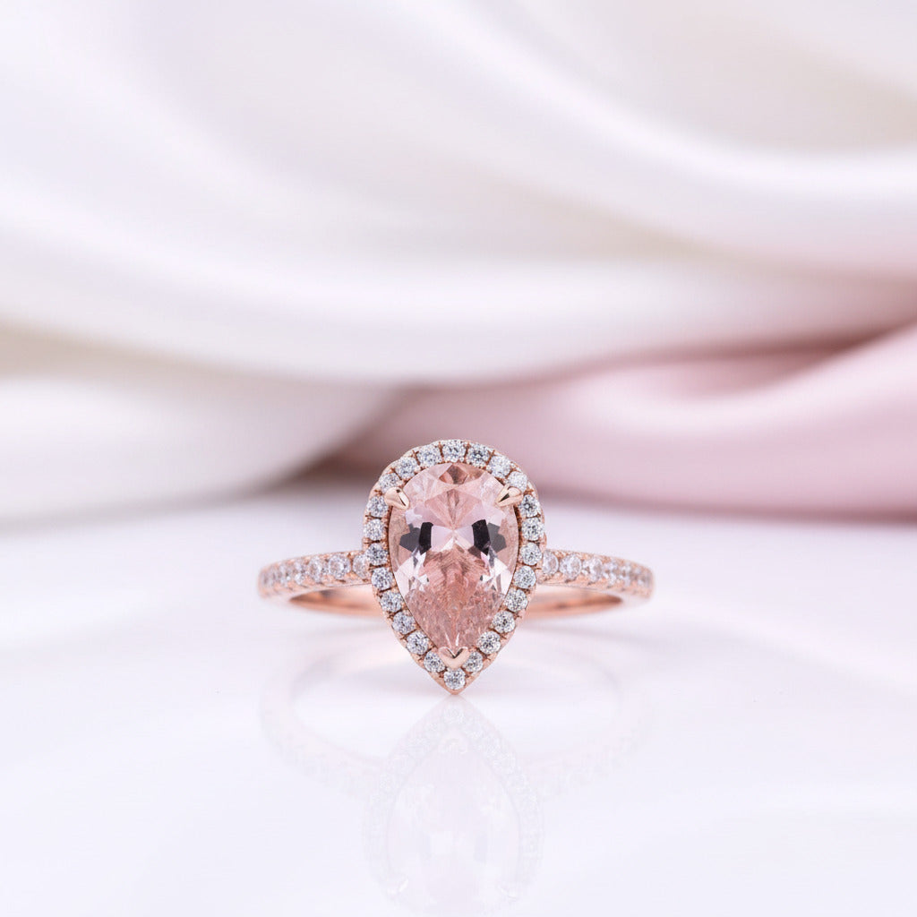 Rose Gold Halo Pear Cut Synthetic Morganite Wedding Set-Black Diamonds New York