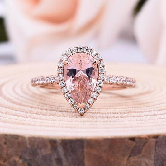 Rose Gold Halo Pear Cut Synthetic Morganite Wedding Set-Black Diamonds New York