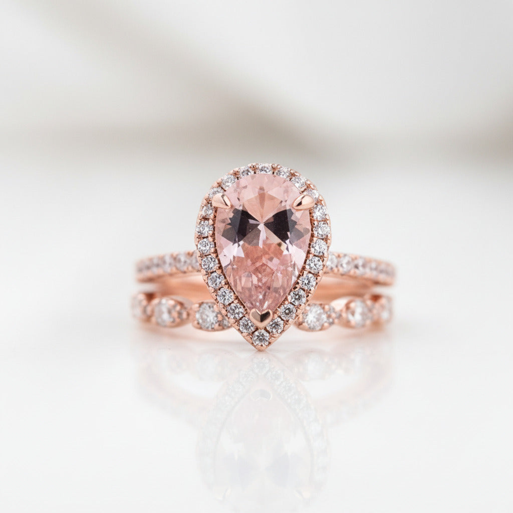 Rose Gold Halo Pear Cut Synthetic Morganite Wedding Set-Black Diamonds New York