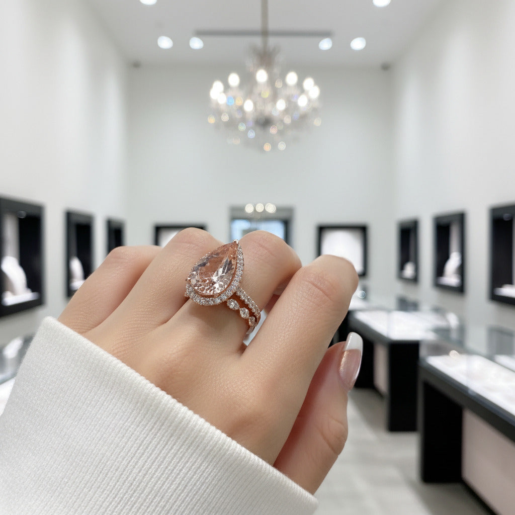 Rose Gold Halo Pear Cut Synthetic Morganite Wedding Set-Black Diamonds New York