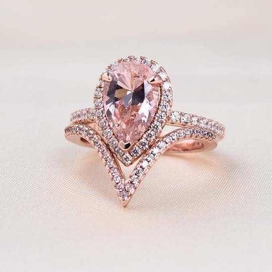 Rose Gold Halo Pear Cut Synthetic Morganite Wedding Set-Black Diamonds New York