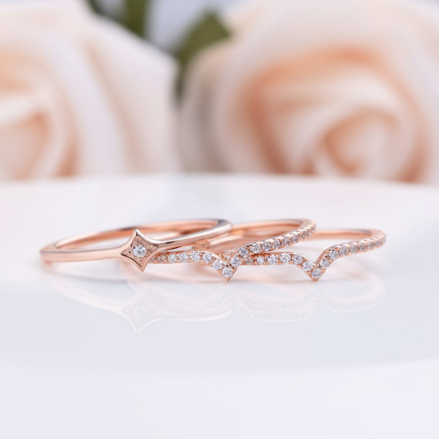 Rose Gold Halo Round Cut 3PC Wedding Band Set-Black Diamonds New York