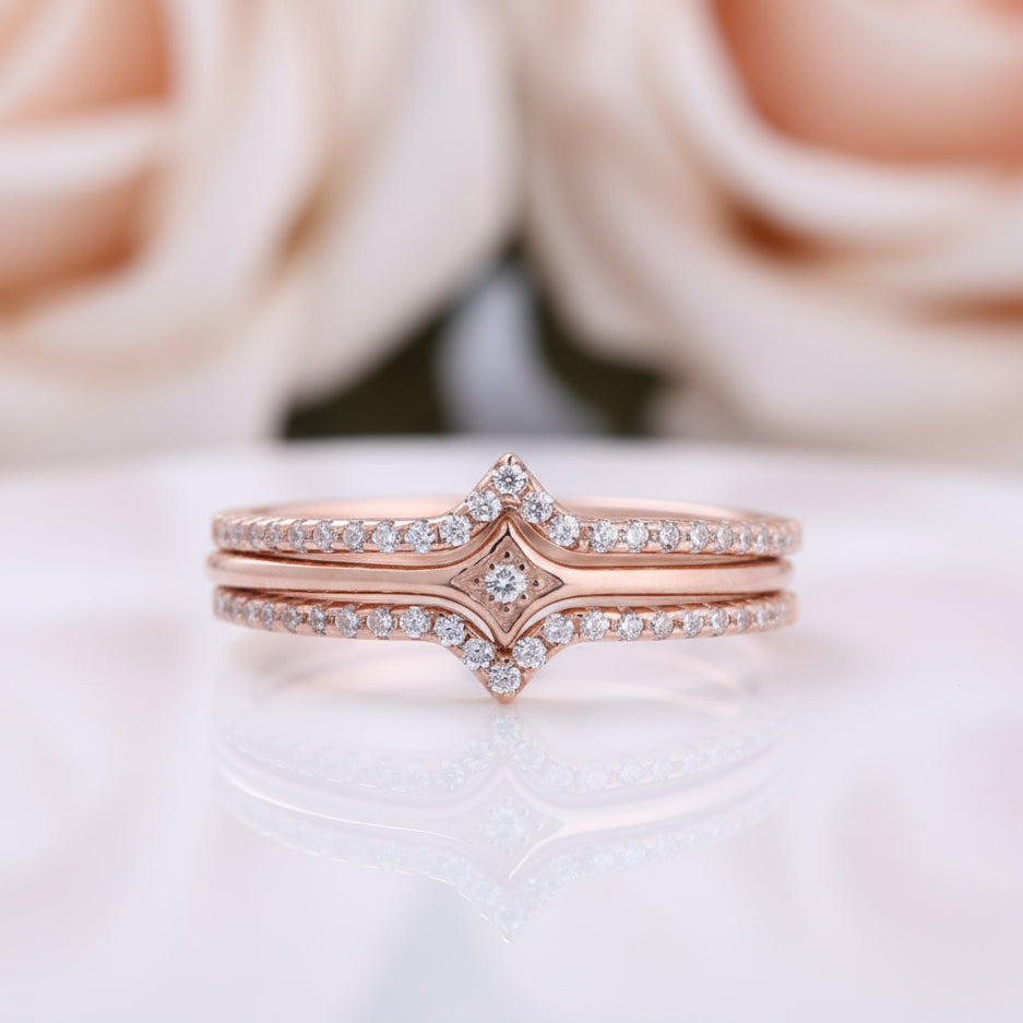 Rose Gold Halo Round Cut 3PC Wedding Band Set-Black Diamonds New York