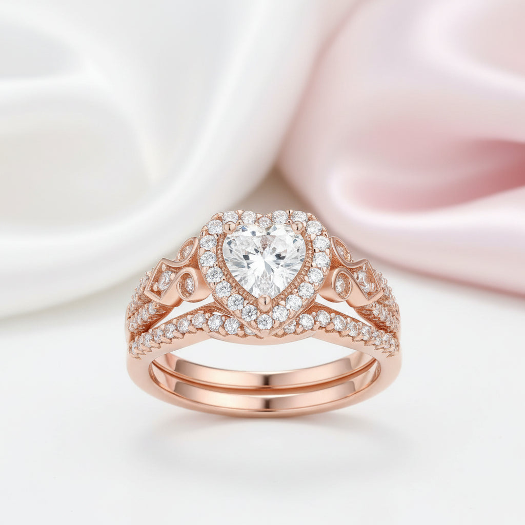 Rose Gold Heart Shape Vintage Style Diamond Ring Set-Black Diamonds New York