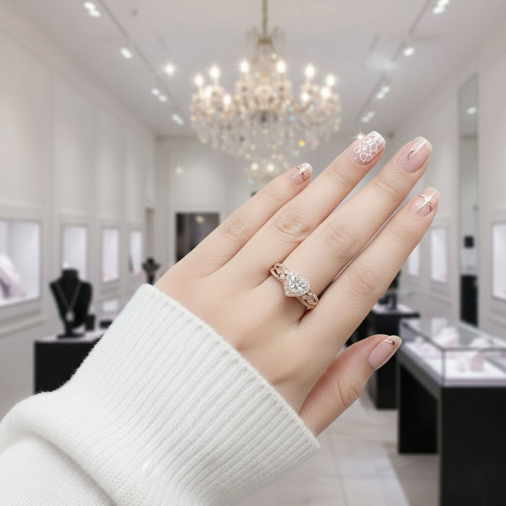 Rose Gold Heart Shape Vintage Style Diamond Option Ring Set-Black Diamonds New York