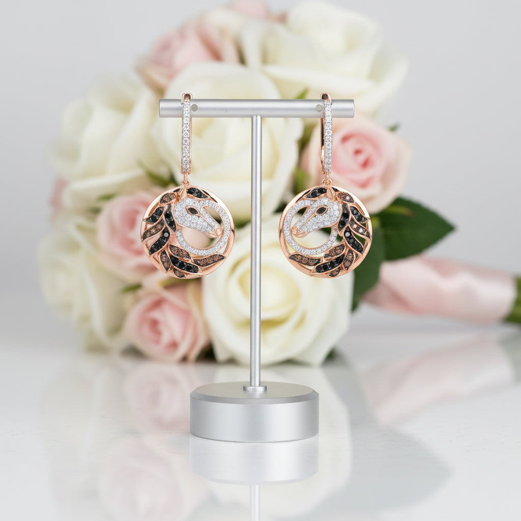 Rose Gold Horse Clip Earrings-Black Diamonds New York