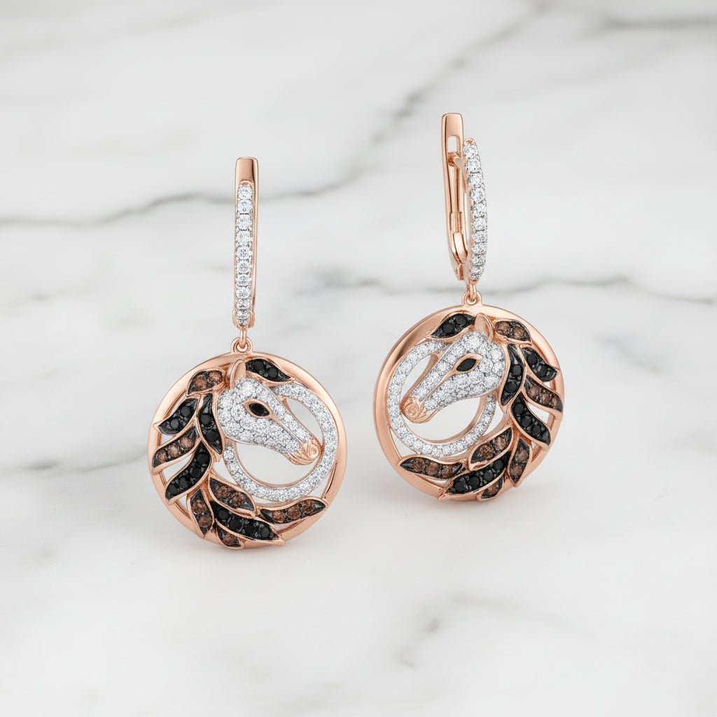 Rose Gold Horse Clip Earrings-Black Diamonds New York