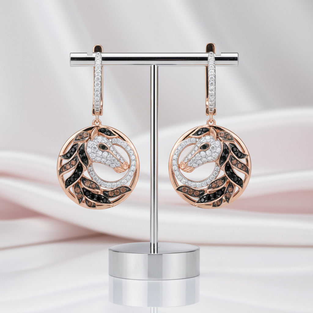 Rose Gold Horse Clip Earrings-Black Diamonds New York