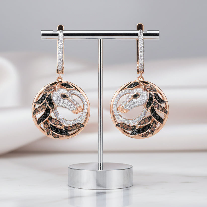 Rose Gold Horse Clip Earrings-Black Diamonds New York