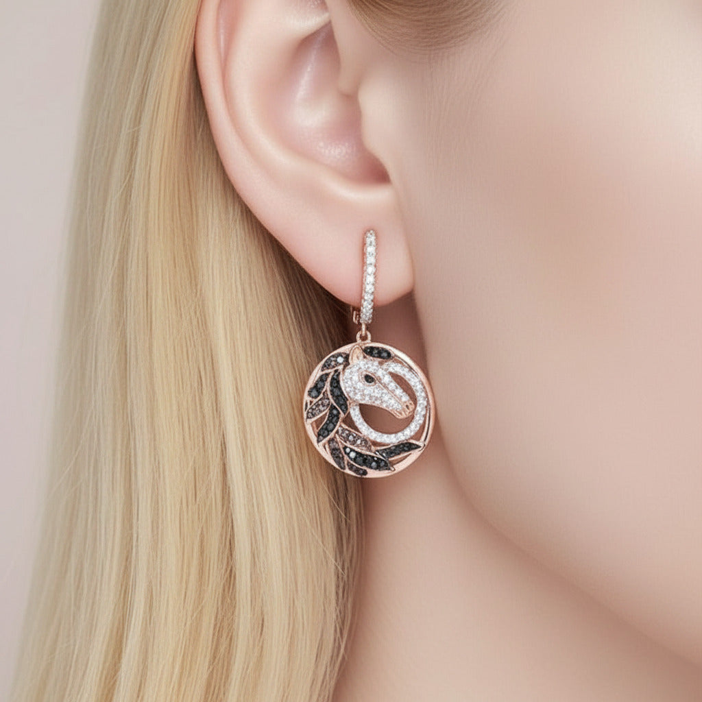 Rose Gold Horse Clip Earrings-Black Diamonds New York