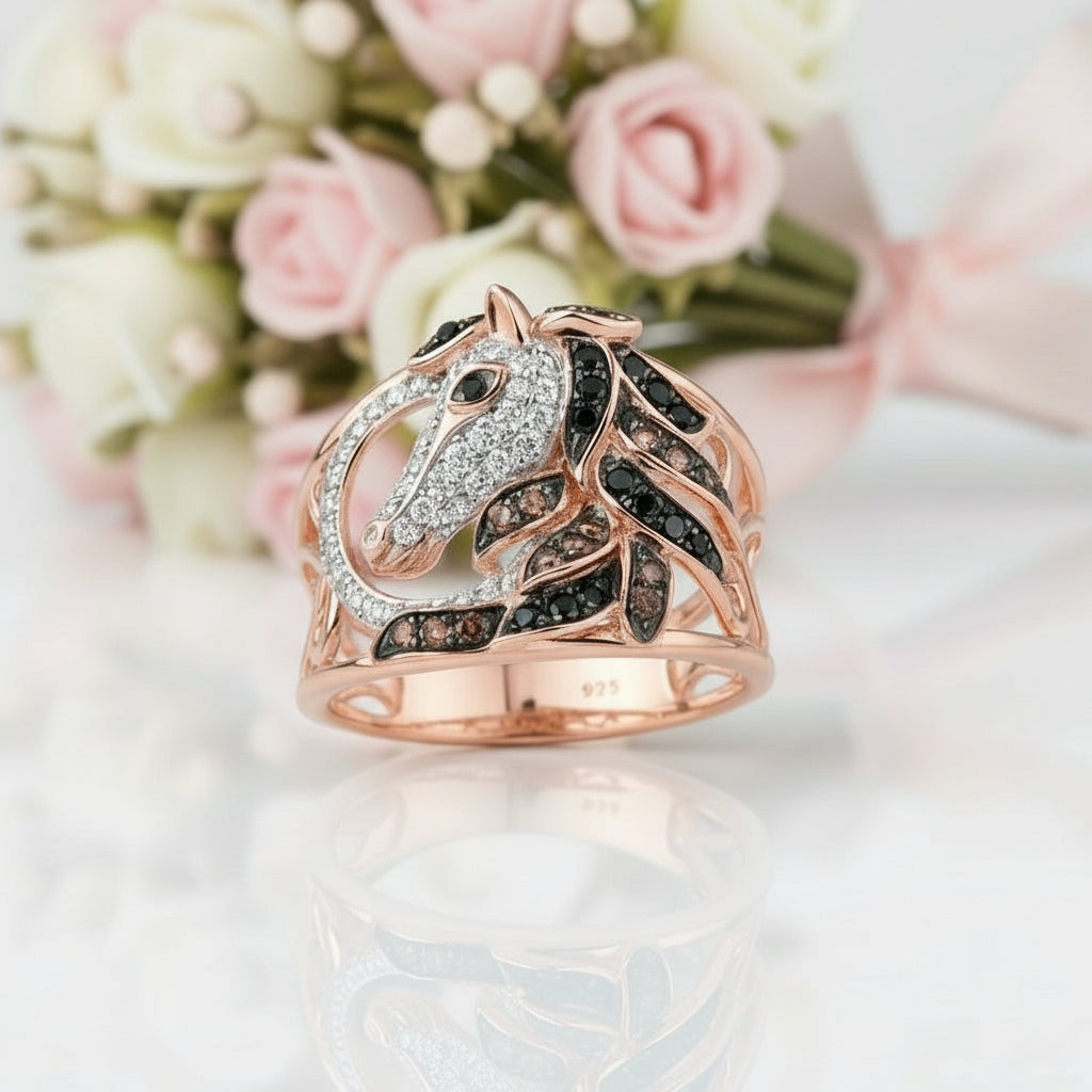 Rose Gold Horse Ring-Black Diamonds New York