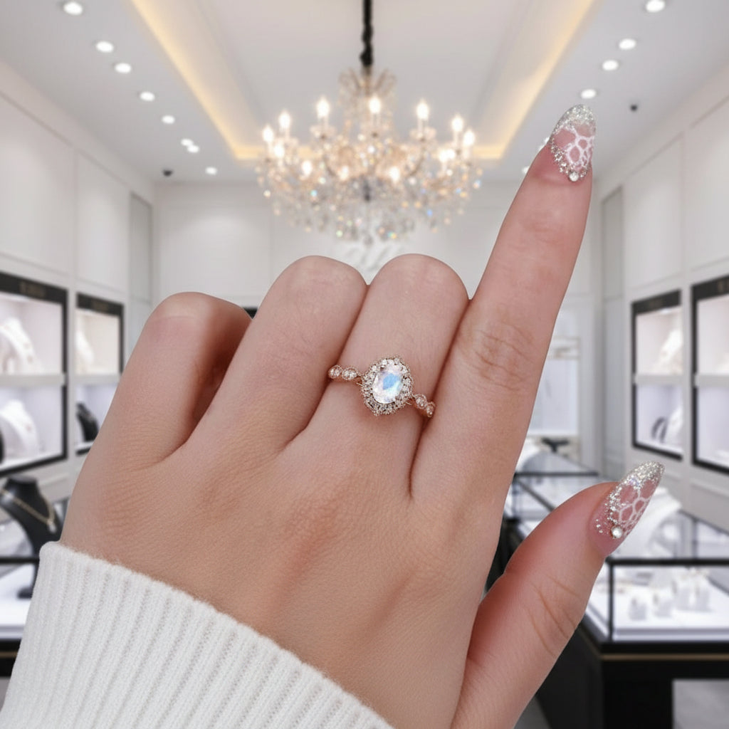 Rose Gold Oval Cut Moonstone Engagement Ring-Black Diamonds New York