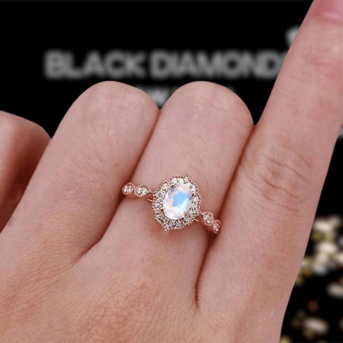 Rose Gold Oval Cut Moonstone Engagement Ring - Black Diamonds New York