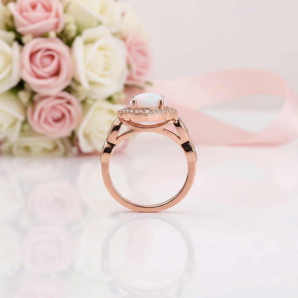 Rose Gold Oval Cut Moonstone Engagement Ring-Black Diamonds New York
