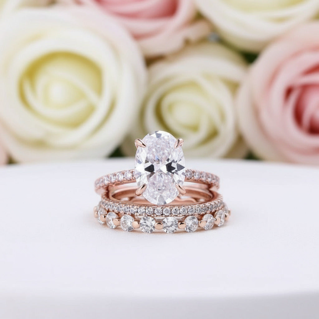 Rose Gold Oval Cut Simulated Diamond 3Pcs Wedding Ring Set-Black Diamonds New York