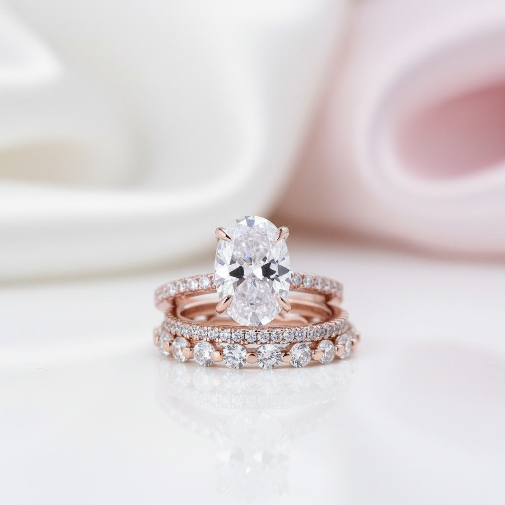 Rose Gold Oval Cut Simulated Diamond Option 3Pcs Wedding Ring Set-Black Diamonds New York