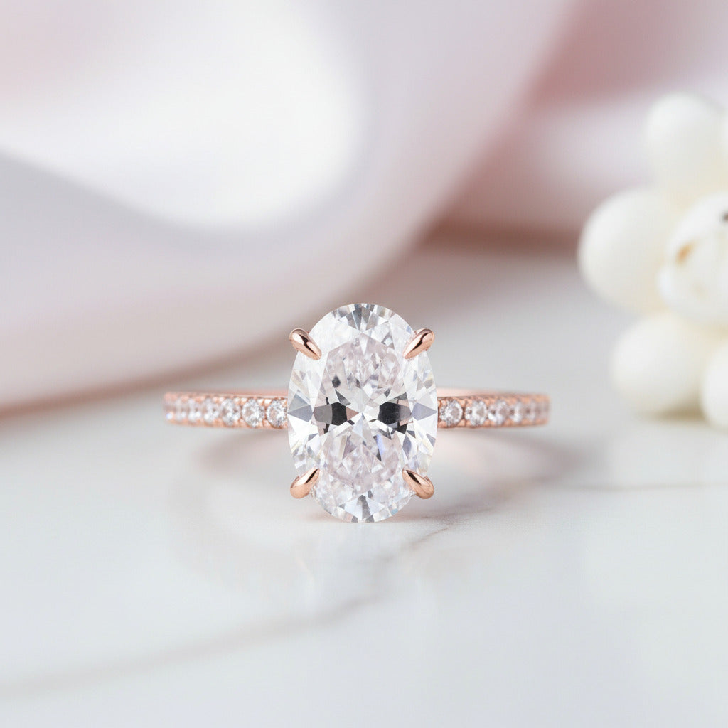 Rose Gold Oval Cut White Stone Wedding Set-Black Diamonds New York