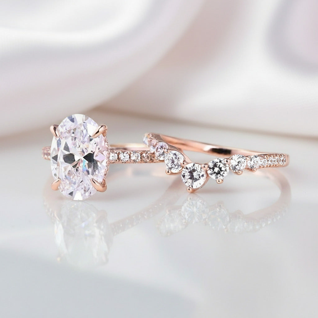 Rose Gold Oval Cut White Stone Wedding Set-Black Diamonds New York